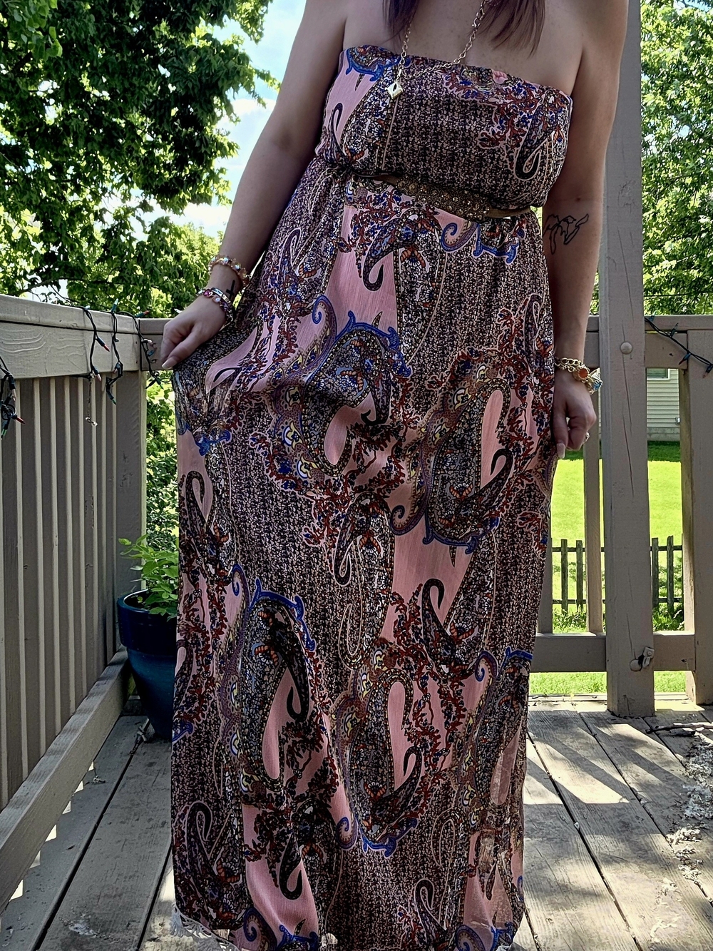 Strapless Pink Paisley Maxi Dress